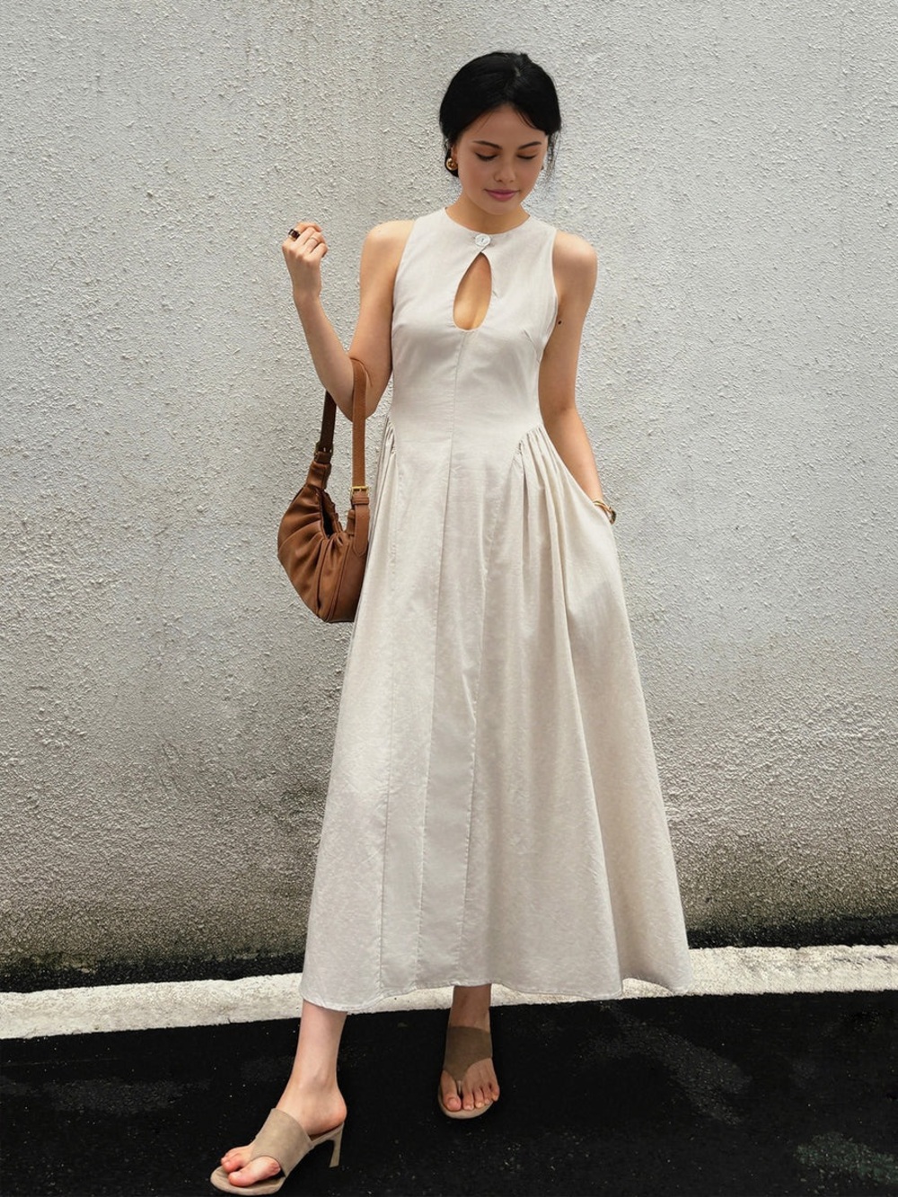 Commense Cotton and Linen Pleated Cutout Midi Dress in Beige